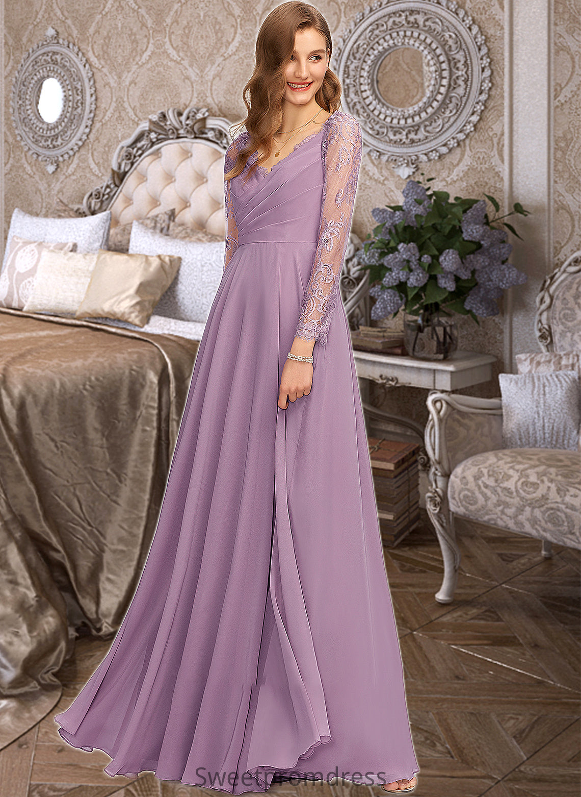 Amani A-Line V-neck Floor-Length Chiffon Bridesmaid Dress DHP0013162