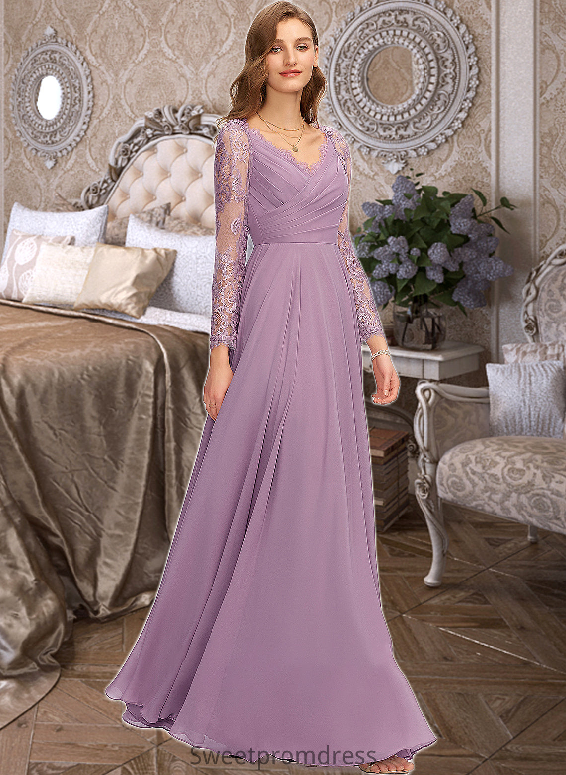 Amani A-Line V-neck Floor-Length Chiffon Bridesmaid Dress DHP0013162