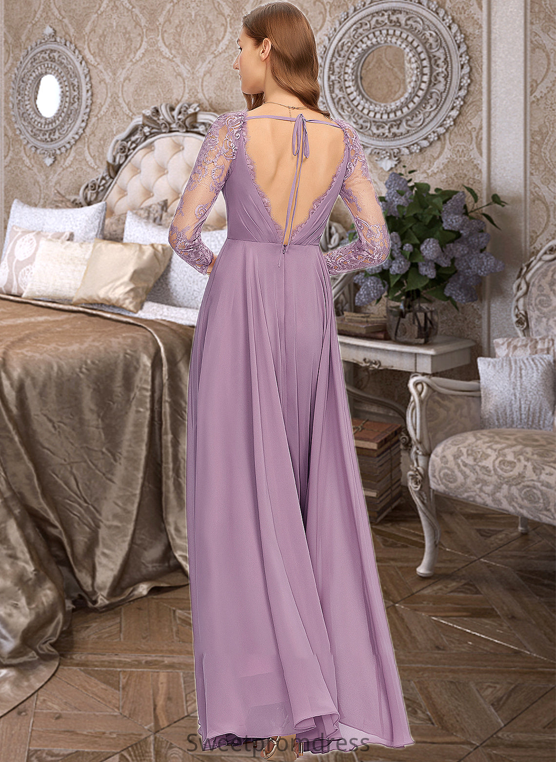 Amani A-Line V-neck Floor-Length Chiffon Bridesmaid Dress DHP0013162