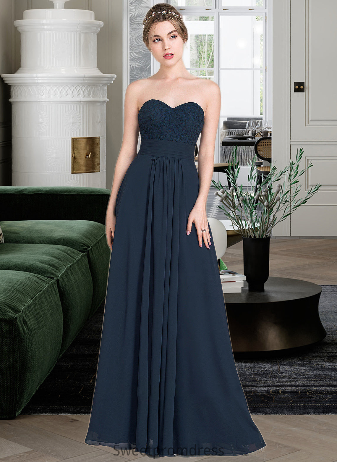 Cassandra A-Line Sweetheart Floor-Length Chiffon Lace Bridesmaid Dress With Ruffle DHP0013163