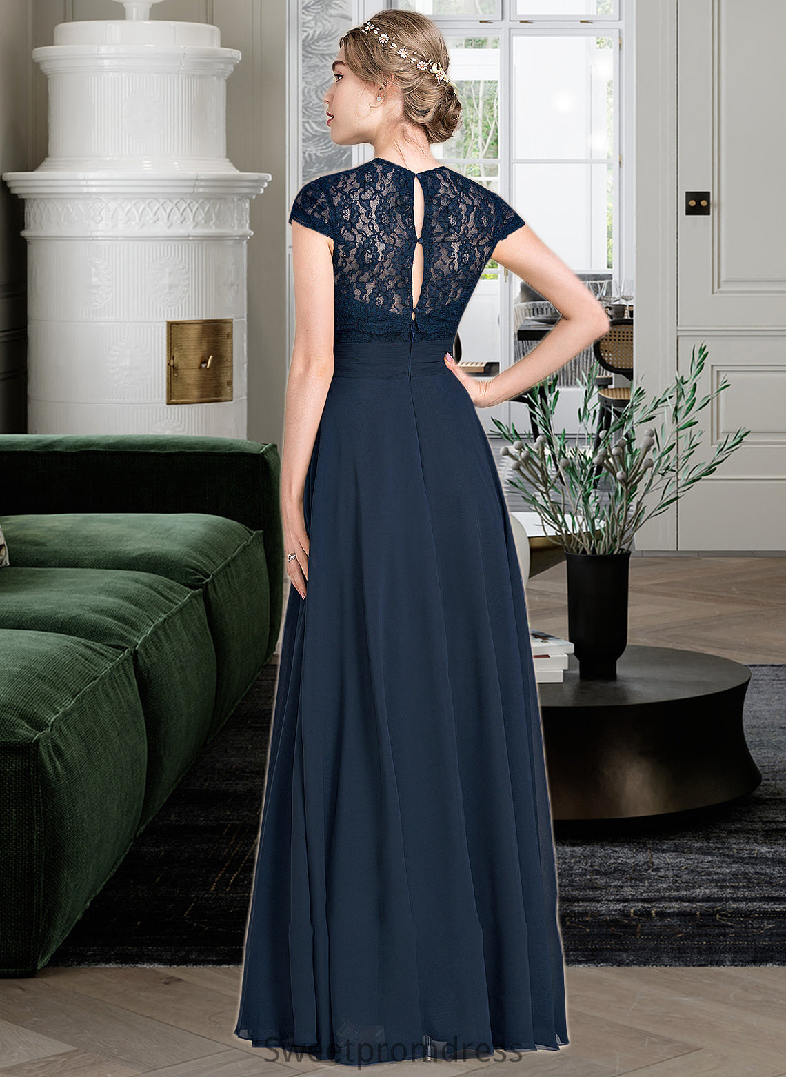 Cassandra A-Line Sweetheart Floor-Length Chiffon Lace Bridesmaid Dress With Ruffle DHP0013163