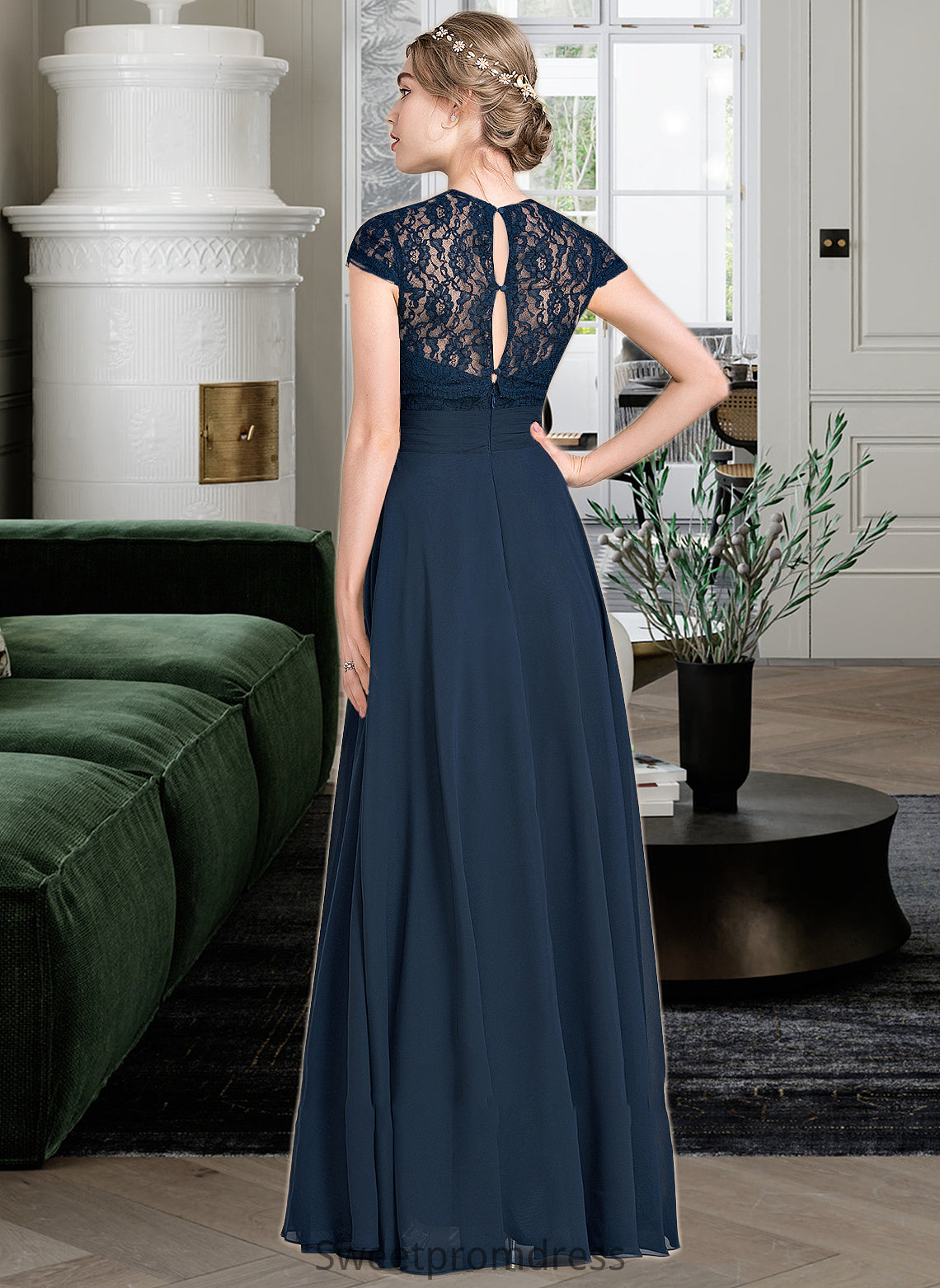 Cassandra A-Line Sweetheart Floor-Length Chiffon Lace Bridesmaid Dress With Ruffle DHP0013163