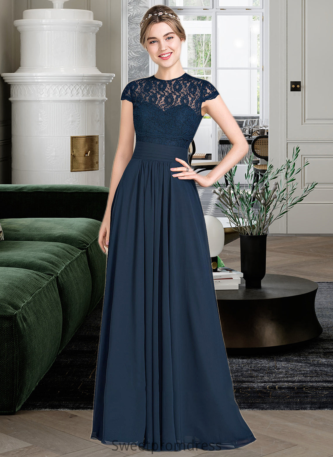 Cassandra A-Line Sweetheart Floor-Length Chiffon Lace Bridesmaid Dress With Ruffle DHP0013163