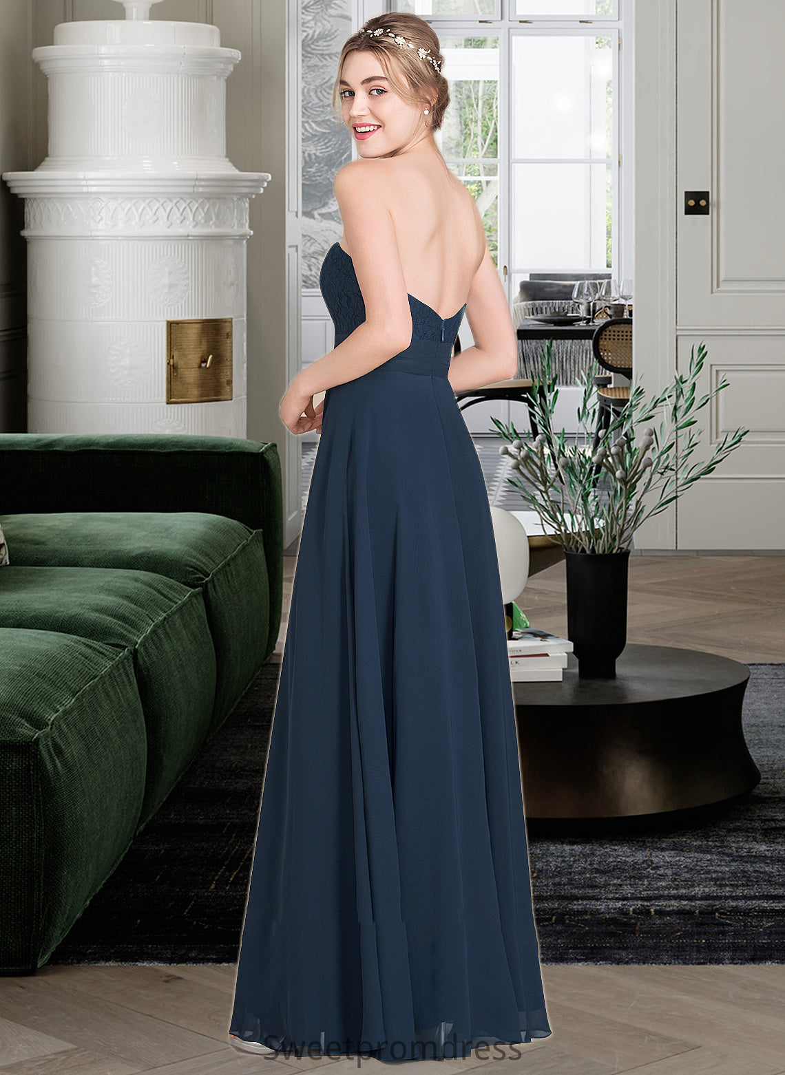 Cassandra A-Line Sweetheart Floor-Length Chiffon Lace Bridesmaid Dress With Ruffle DHP0013163