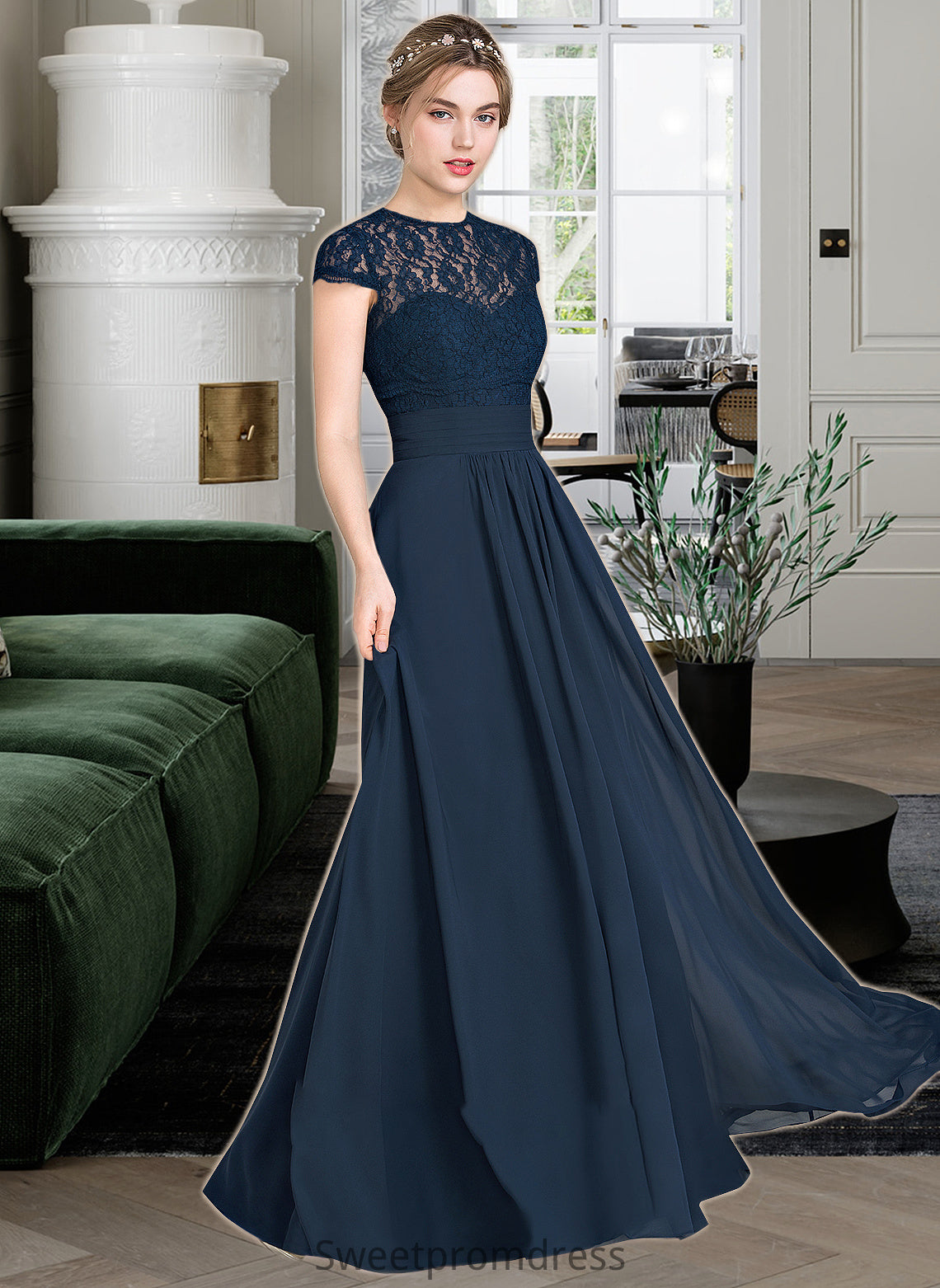 Cassandra A-Line Sweetheart Floor-Length Chiffon Lace Bridesmaid Dress With Ruffle DHP0013163