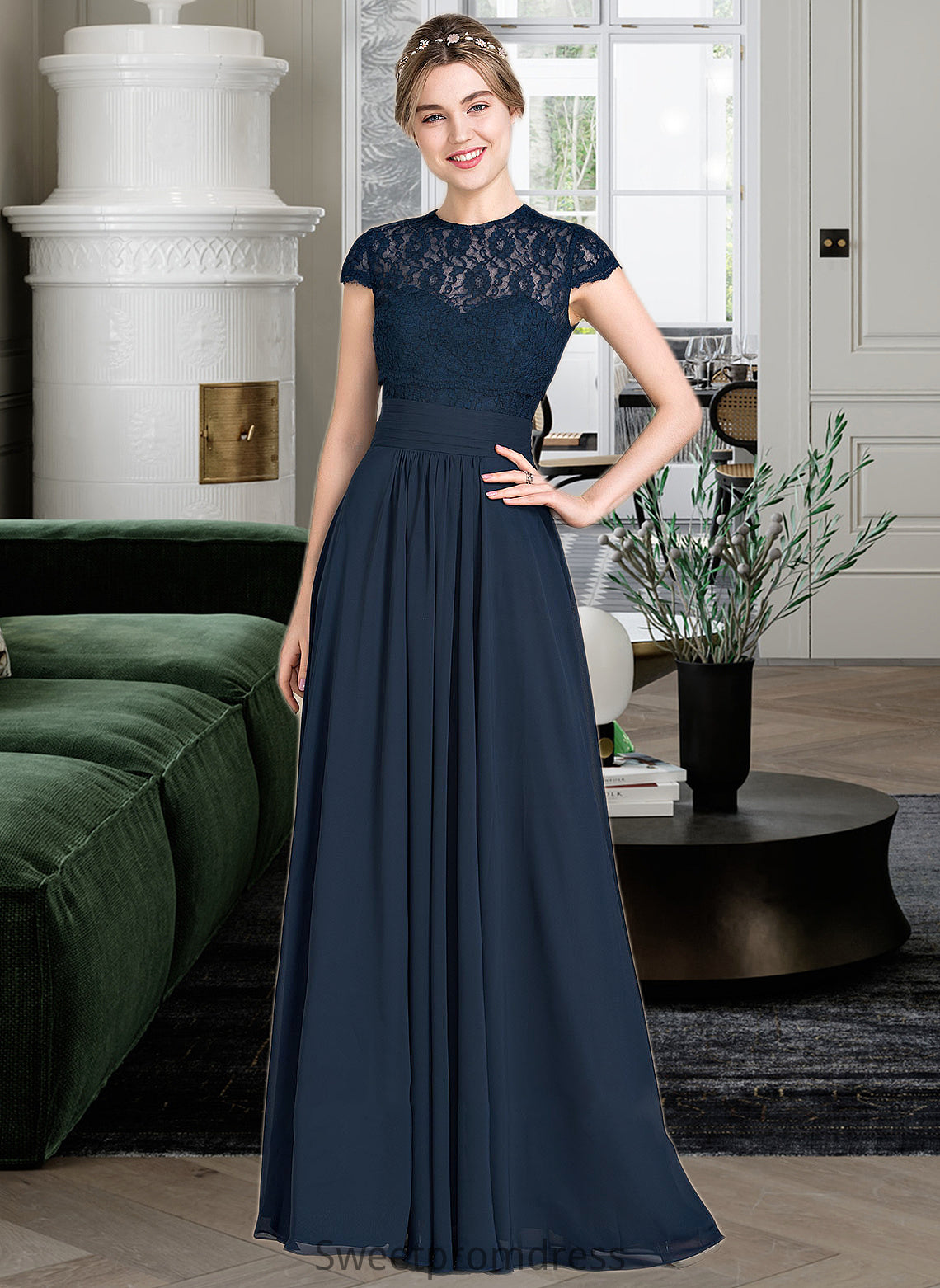 Cassandra A-Line Sweetheart Floor-Length Chiffon Lace Bridesmaid Dress With Ruffle DHP0013163