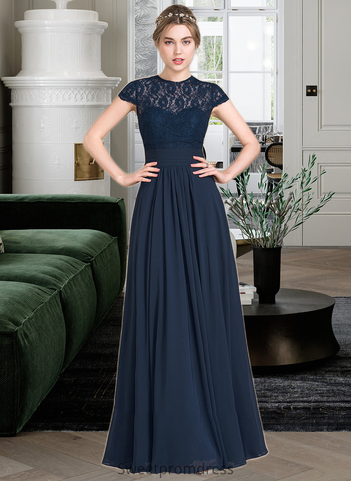 Cassandra A-Line Sweetheart Floor-Length Chiffon Lace Bridesmaid Dress With Ruffle DHP0013163