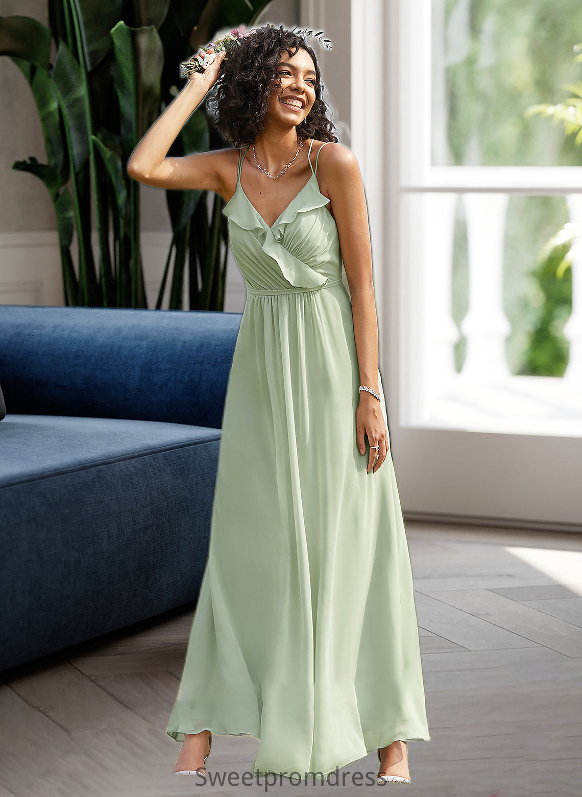 Haley A-Line V-neck Floor-Length Bridesmaid Dress With Ruffle DHP0013164