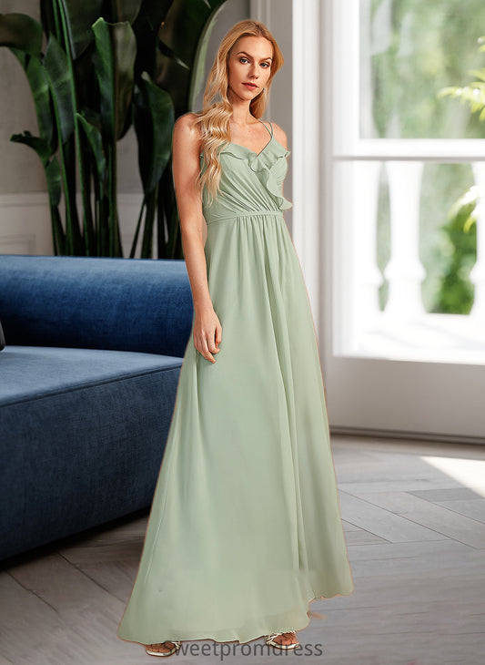 Haley A-Line V-neck Floor-Length Bridesmaid Dress With Ruffle DHP0013164