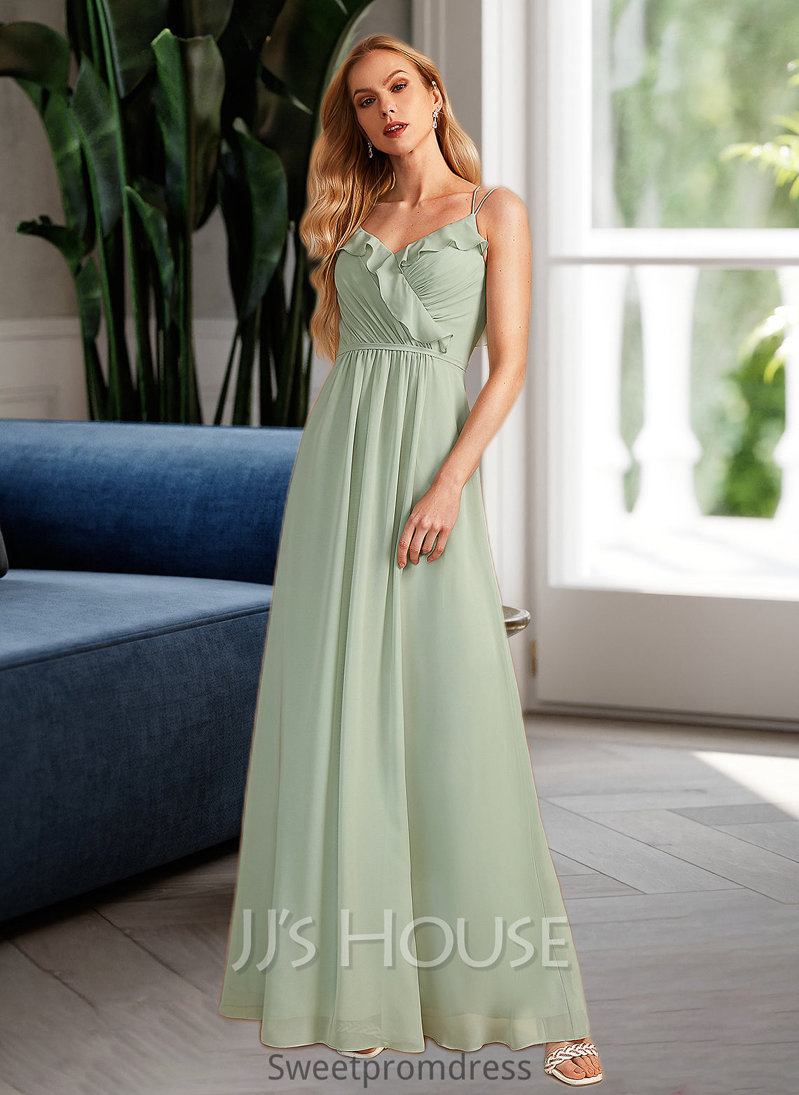 Haley A-Line V-neck Floor-Length Bridesmaid Dress With Ruffle DHP0013164