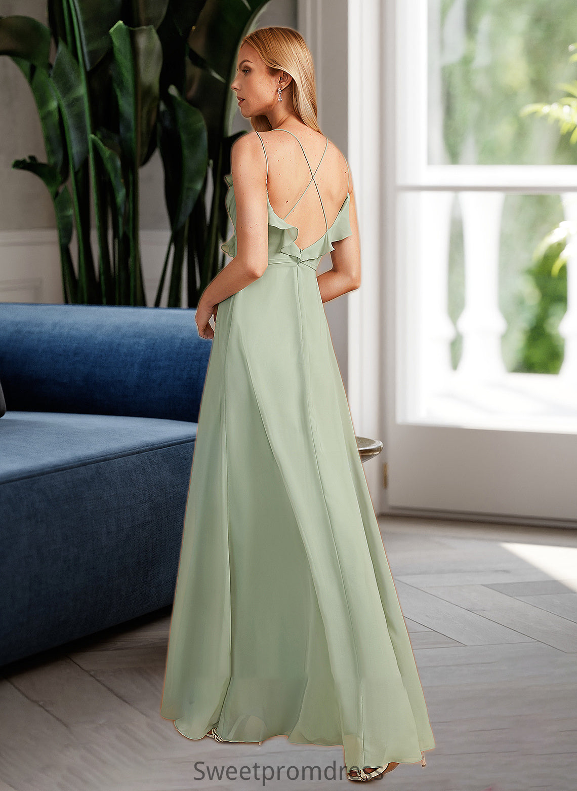 Haley A-Line V-neck Floor-Length Bridesmaid Dress With Ruffle DHP0013164