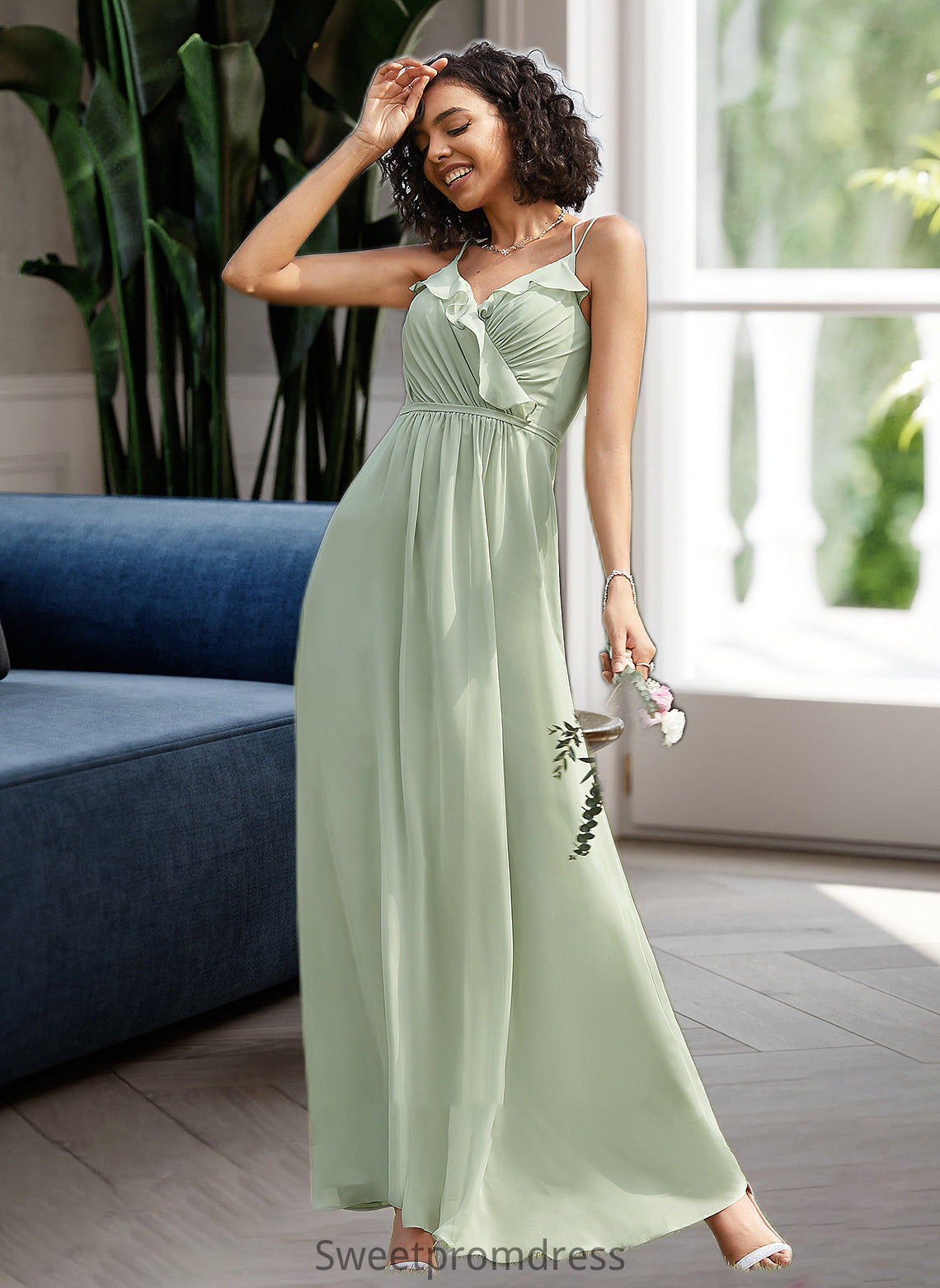 Haley A-Line V-neck Floor-Length Bridesmaid Dress With Ruffle DHP0013164