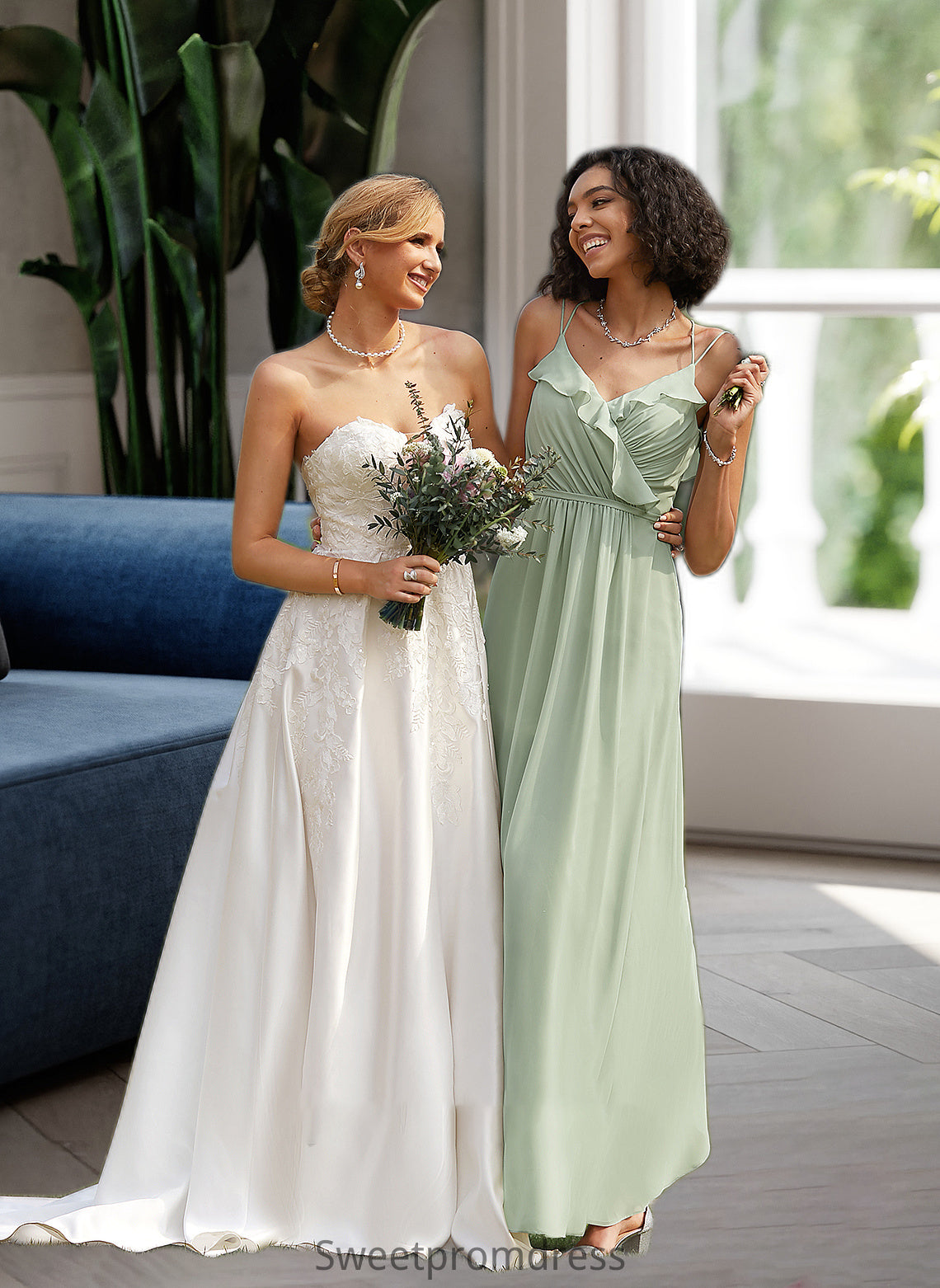 Haley A-Line V-neck Floor-Length Bridesmaid Dress With Ruffle DHP0013164