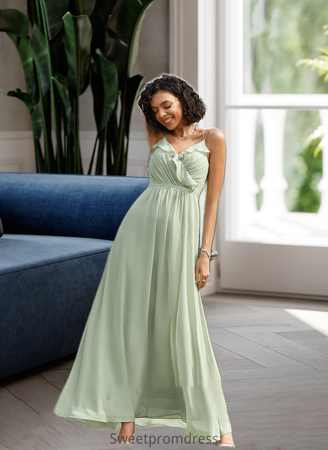 Haley A-Line V-neck Floor-Length Bridesmaid Dress With Ruffle DHP0013164