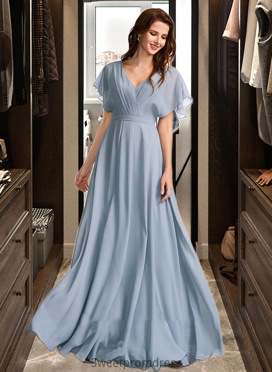 Delilah A-Line V-neck Floor-Length Bridesmaid Dress With Ruffle DHP0013165