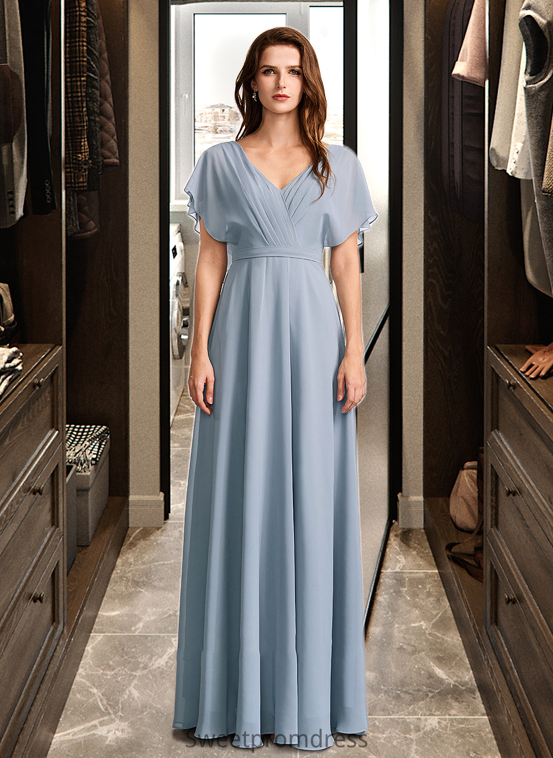 Delilah A-Line V-neck Floor-Length Bridesmaid Dress With Ruffle DHP0013165