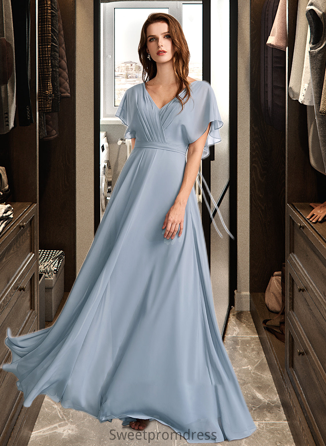 Delilah A-Line V-neck Floor-Length Bridesmaid Dress With Ruffle DHP0013165