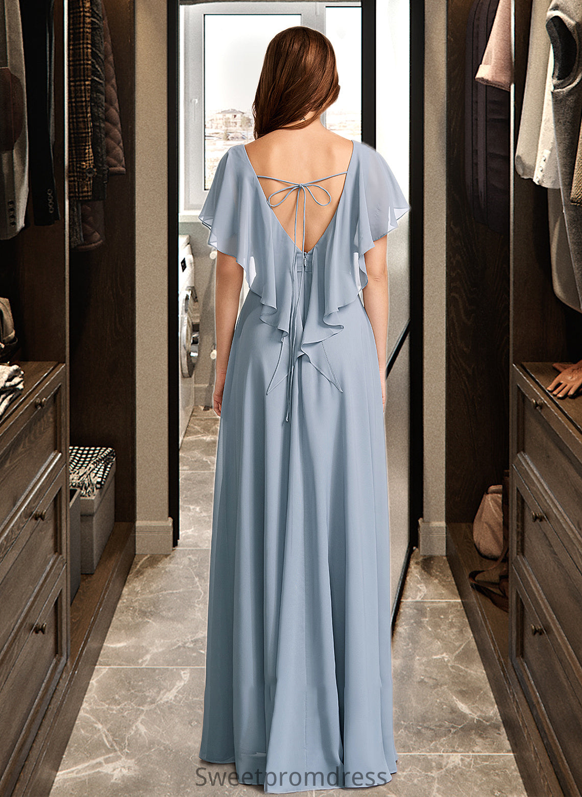 Delilah A-Line V-neck Floor-Length Bridesmaid Dress With Ruffle DHP0013165