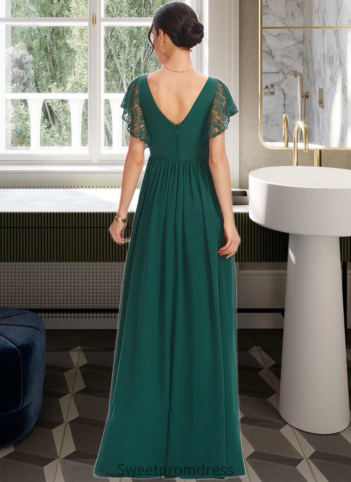 Deanna A-Line V-neck Floor-Length Bridesmaid Dress With Lace Split Front DHP0013166