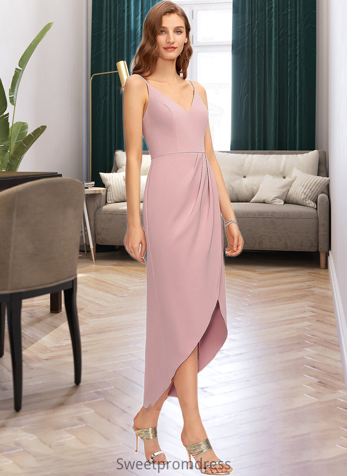 Eloise Sheath/Column V-neck Asymmetrical Stretch Crepe Bridesmaid Dress DHP0013167