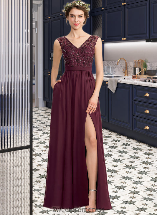 Phoebe A-Line V-neck Floor-Length Chiffon Lace Bridesmaid Dress With Beading Sequins Split Front Pockets DHP0013168