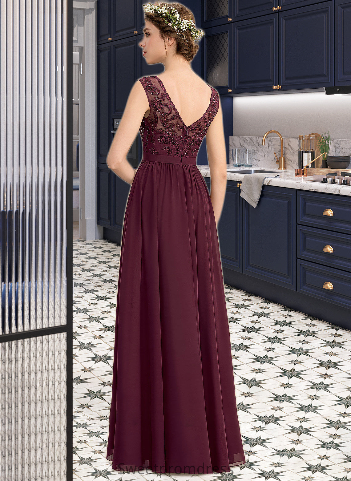 Phoebe A-Line V-neck Floor-Length Chiffon Lace Bridesmaid Dress With Beading Sequins Split Front Pockets DHP0013168