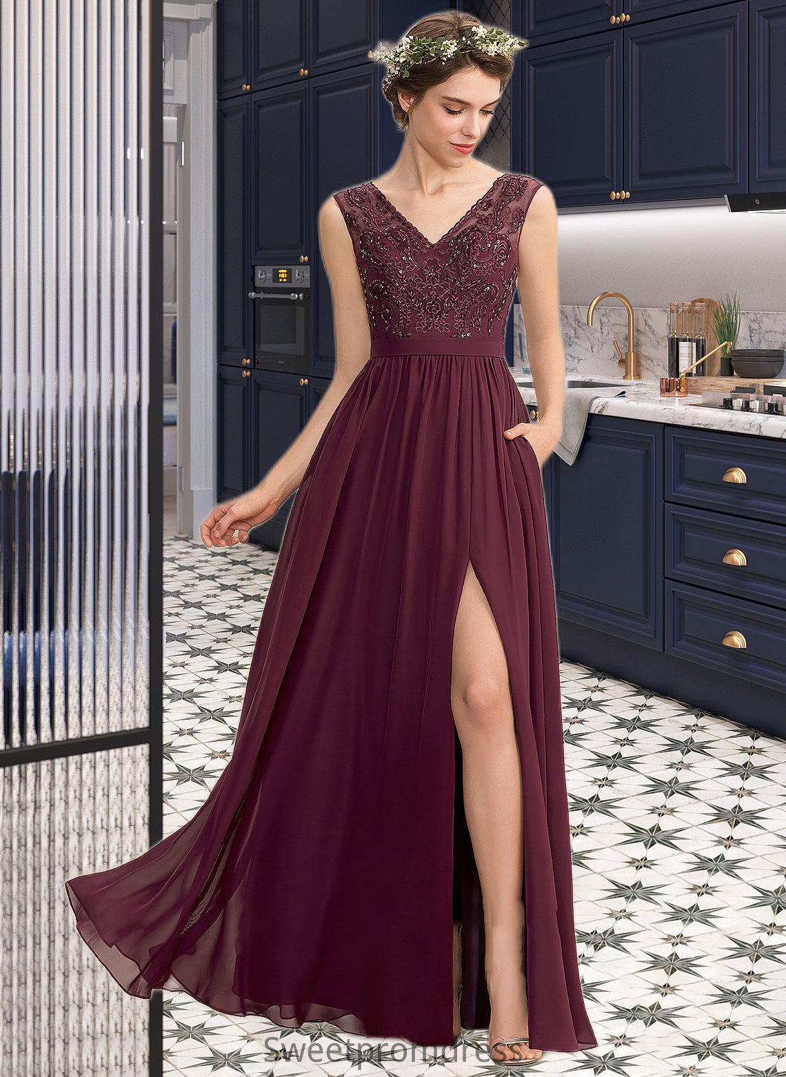 Phoebe A-Line V-neck Floor-Length Chiffon Lace Bridesmaid Dress With Beading Sequins Split Front Pockets DHP0013168