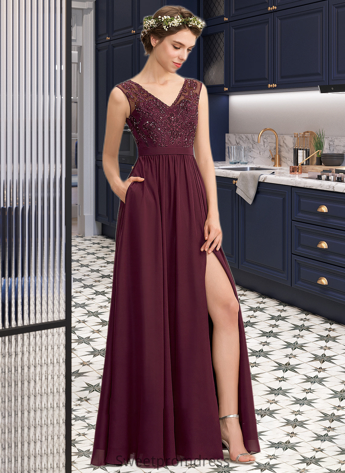 Phoebe A-Line V-neck Floor-Length Chiffon Lace Bridesmaid Dress With Beading Sequins Split Front Pockets DHP0013168