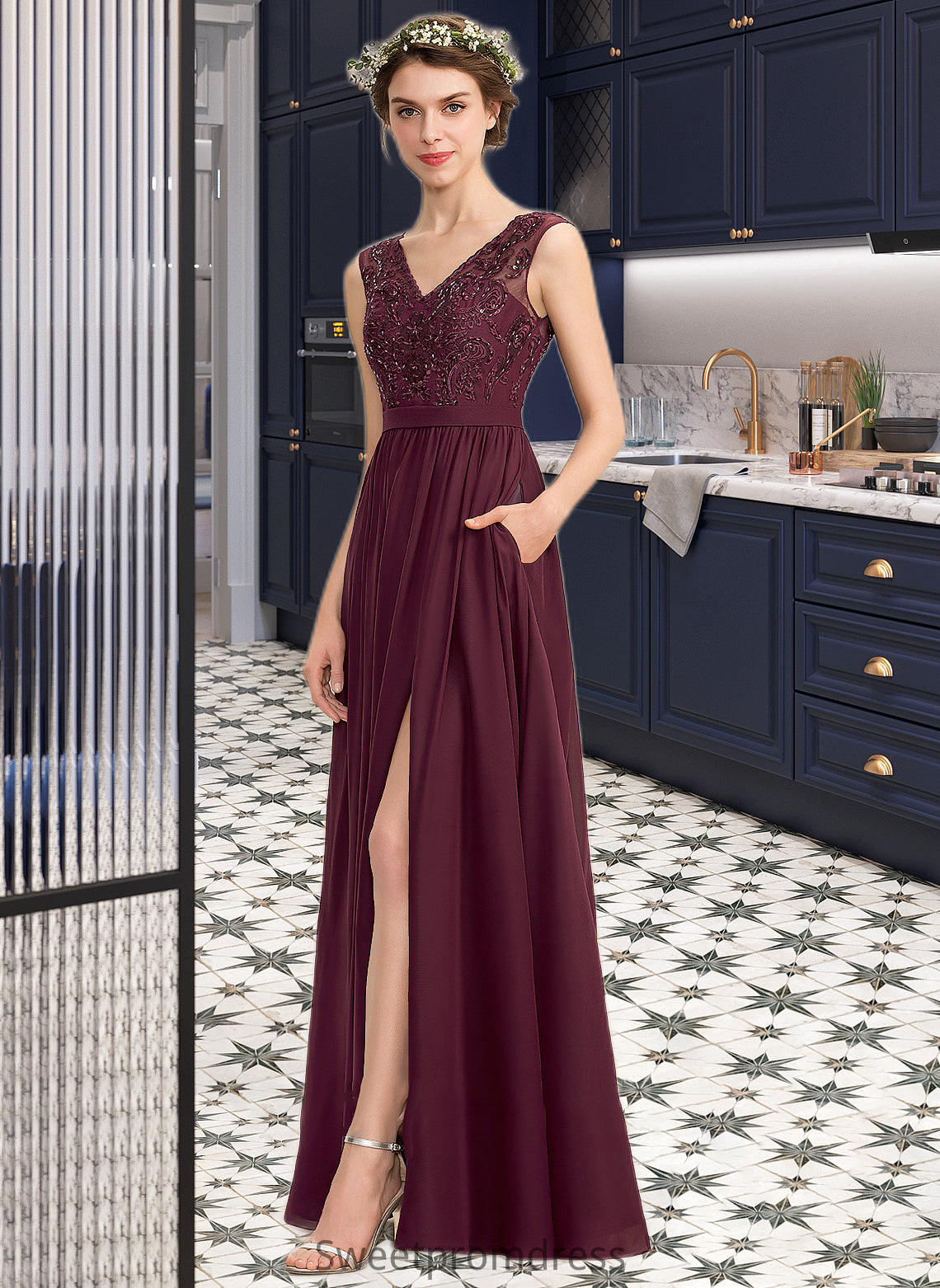 Phoebe A-Line V-neck Floor-Length Chiffon Lace Bridesmaid Dress With Beading Sequins Split Front Pockets DHP0013168