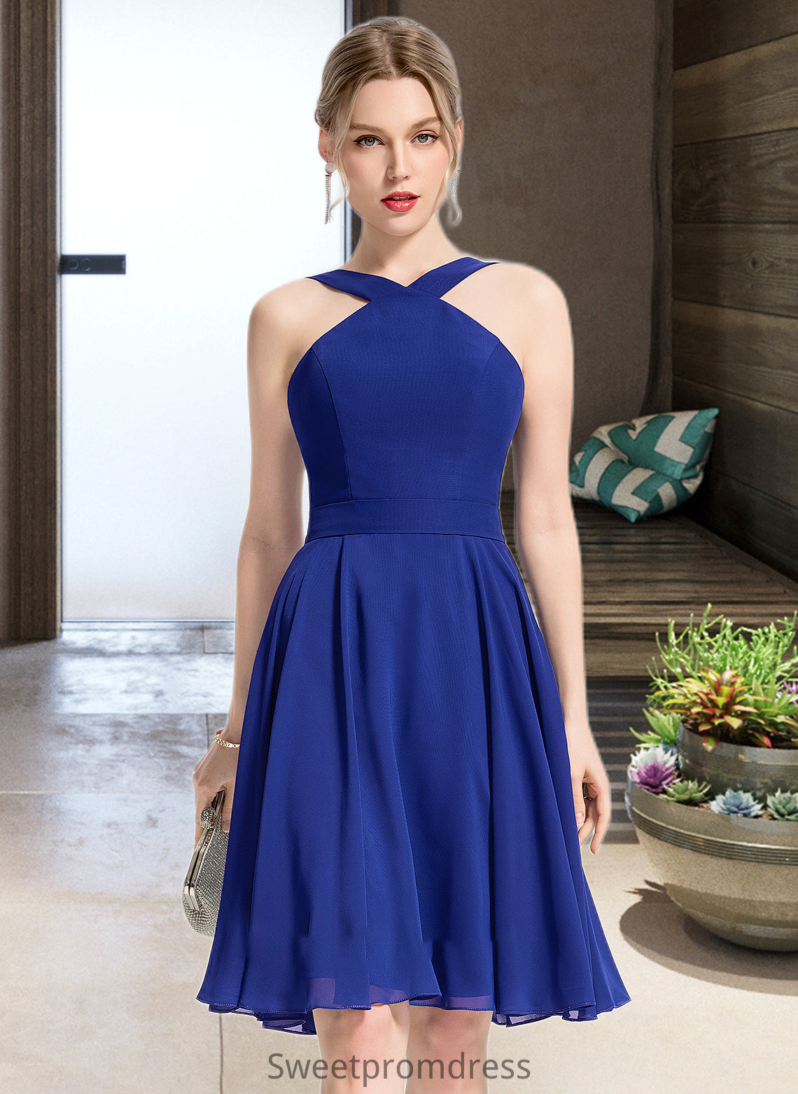 Sarahi A-line V-Neck Knee-Length Chiffon Bridesmaid Dress DHP0013170