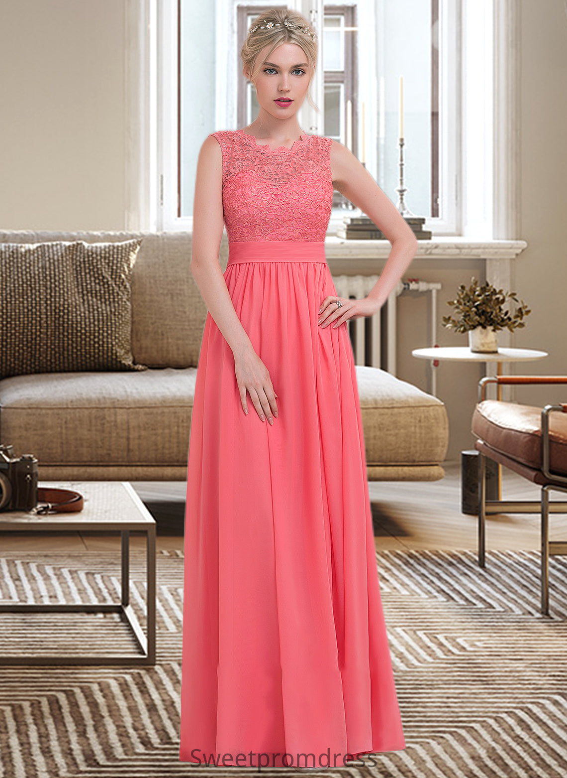 Sydnee A-Line Scoop Neck Floor-Length Chiffon Lace Bridesmaid Dress With Ruffle DHP0013171