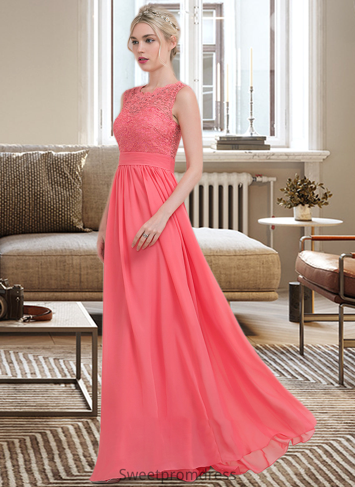 Sydnee A-Line Scoop Neck Floor-Length Chiffon Lace Bridesmaid Dress With Ruffle DHP0013171