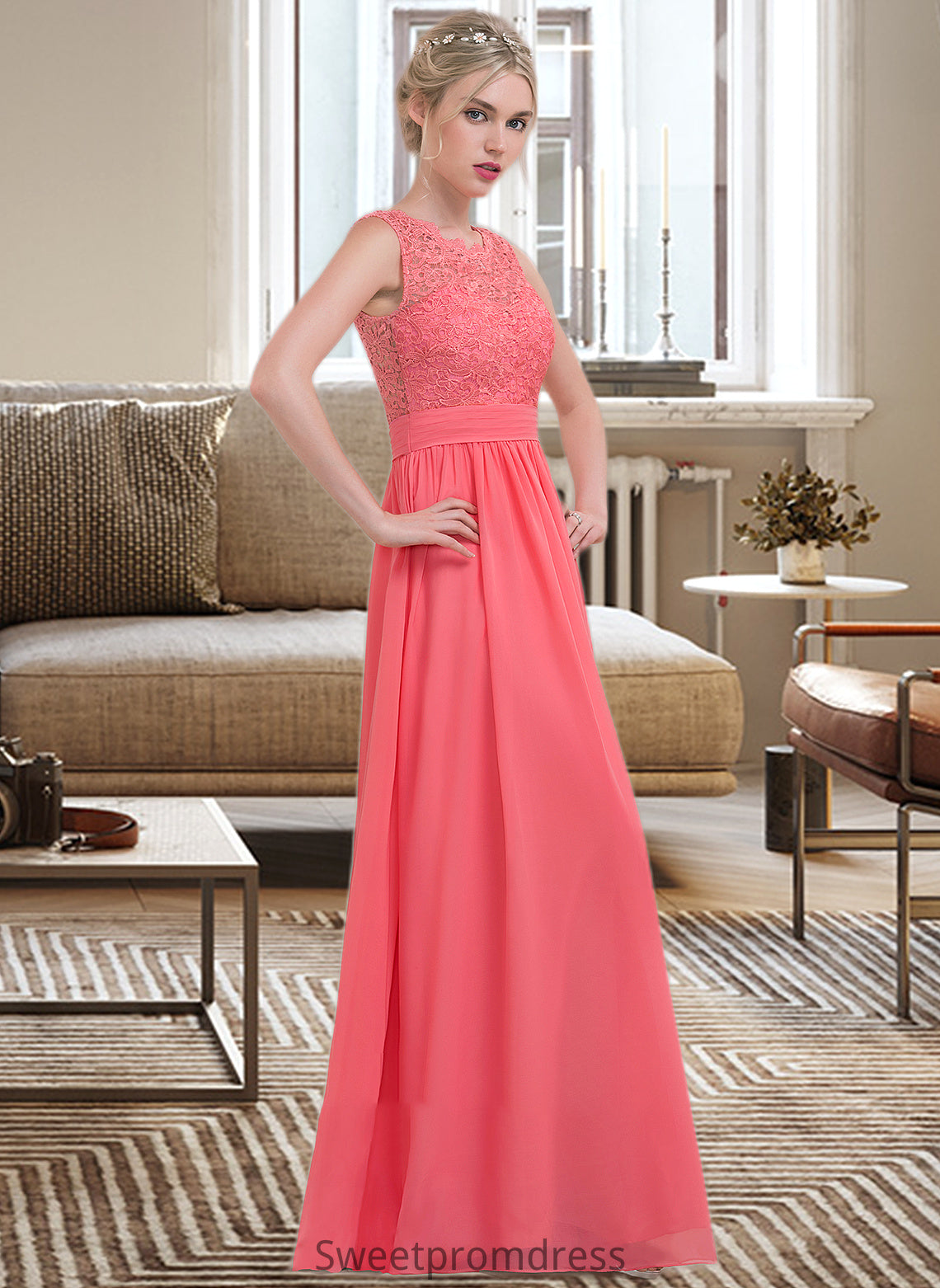 Sydnee A-Line Scoop Neck Floor-Length Chiffon Lace Bridesmaid Dress With Ruffle DHP0013171