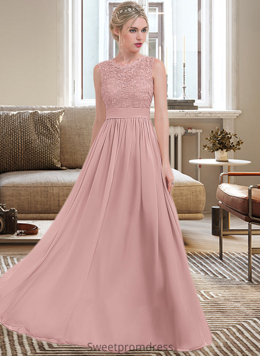 Sydnee A-Line Scoop Neck Floor-Length Chiffon Lace Bridesmaid Dress With Ruffle DHP0013171