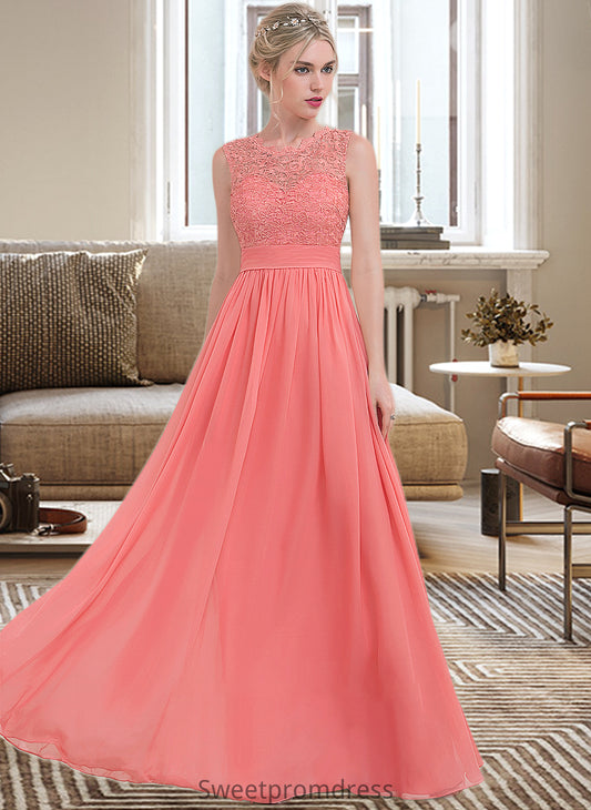 Sydnee A-Line Scoop Neck Floor-Length Chiffon Lace Bridesmaid Dress With Ruffle DHP0013171