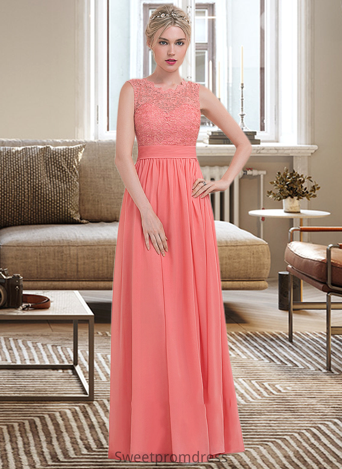 Sydnee A-Line Scoop Neck Floor-Length Chiffon Lace Bridesmaid Dress With Ruffle DHP0013171