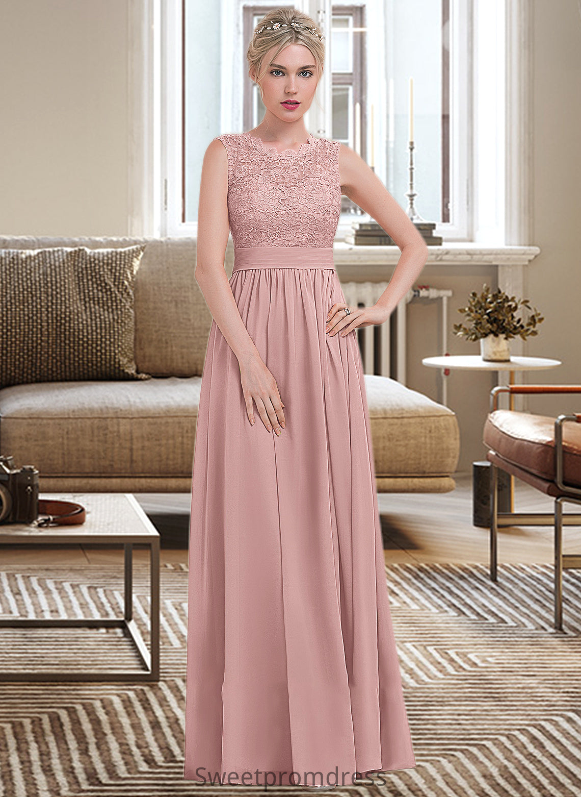 Sydnee A-Line Scoop Neck Floor-Length Chiffon Lace Bridesmaid Dress With Ruffle DHP0013171