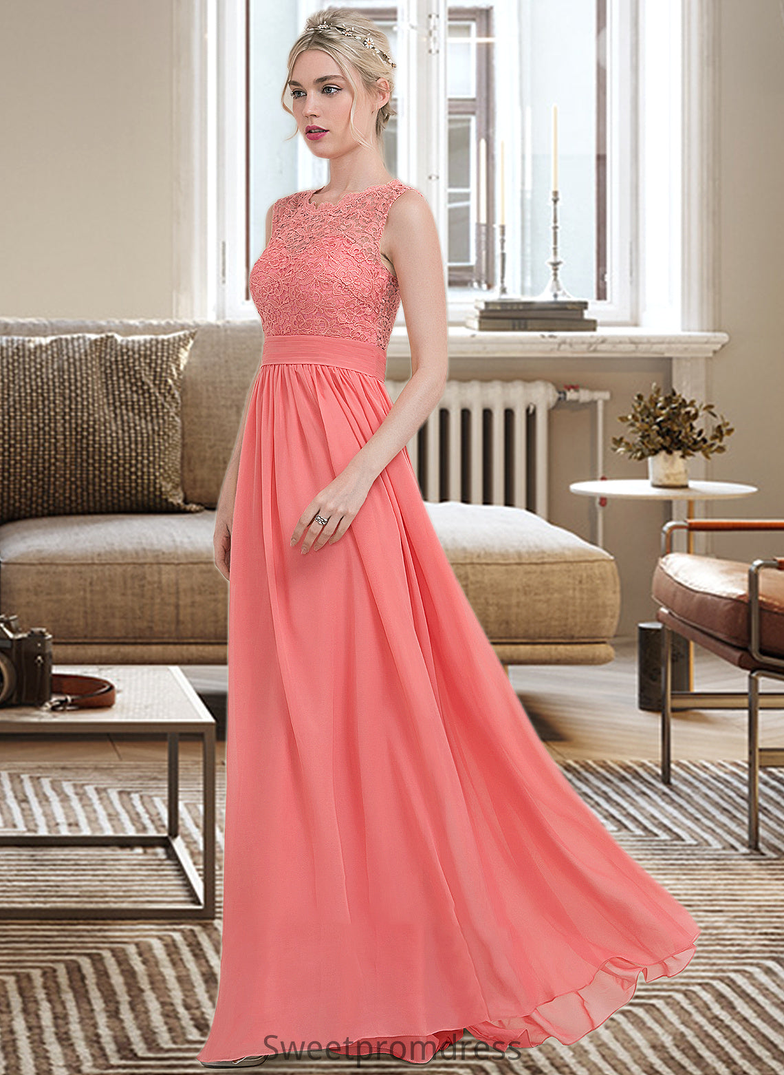 Sydnee A-Line Scoop Neck Floor-Length Chiffon Lace Bridesmaid Dress With Ruffle DHP0013171