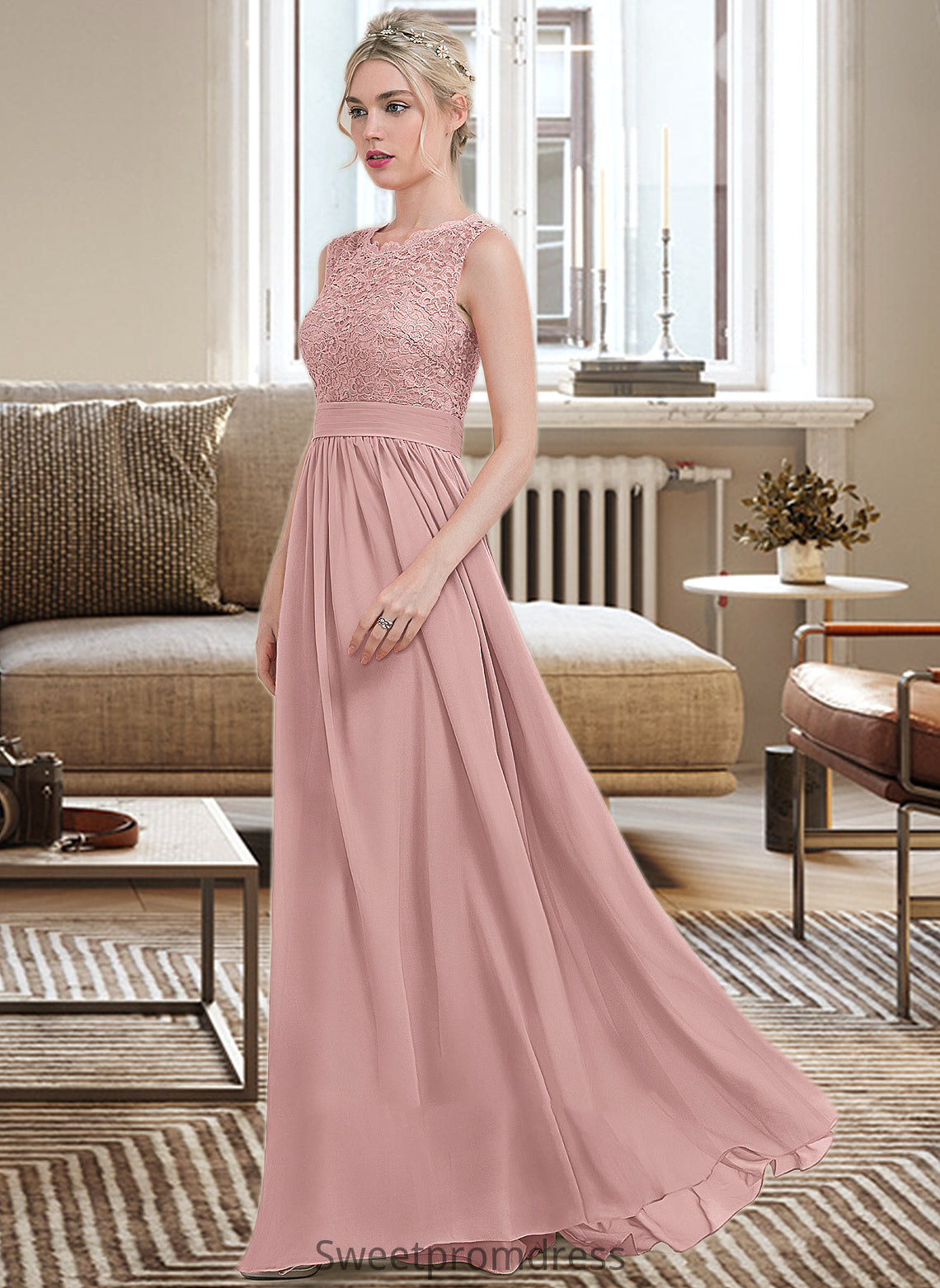 Sydnee A-Line Scoop Neck Floor-Length Chiffon Lace Bridesmaid Dress With Ruffle DHP0013171