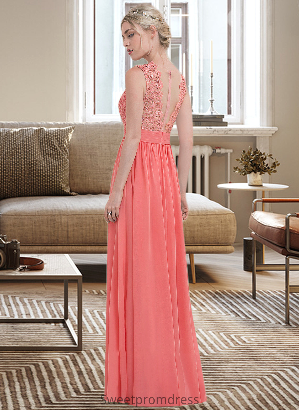 Sydnee A-Line Scoop Neck Floor-Length Chiffon Lace Bridesmaid Dress With Ruffle DHP0013171