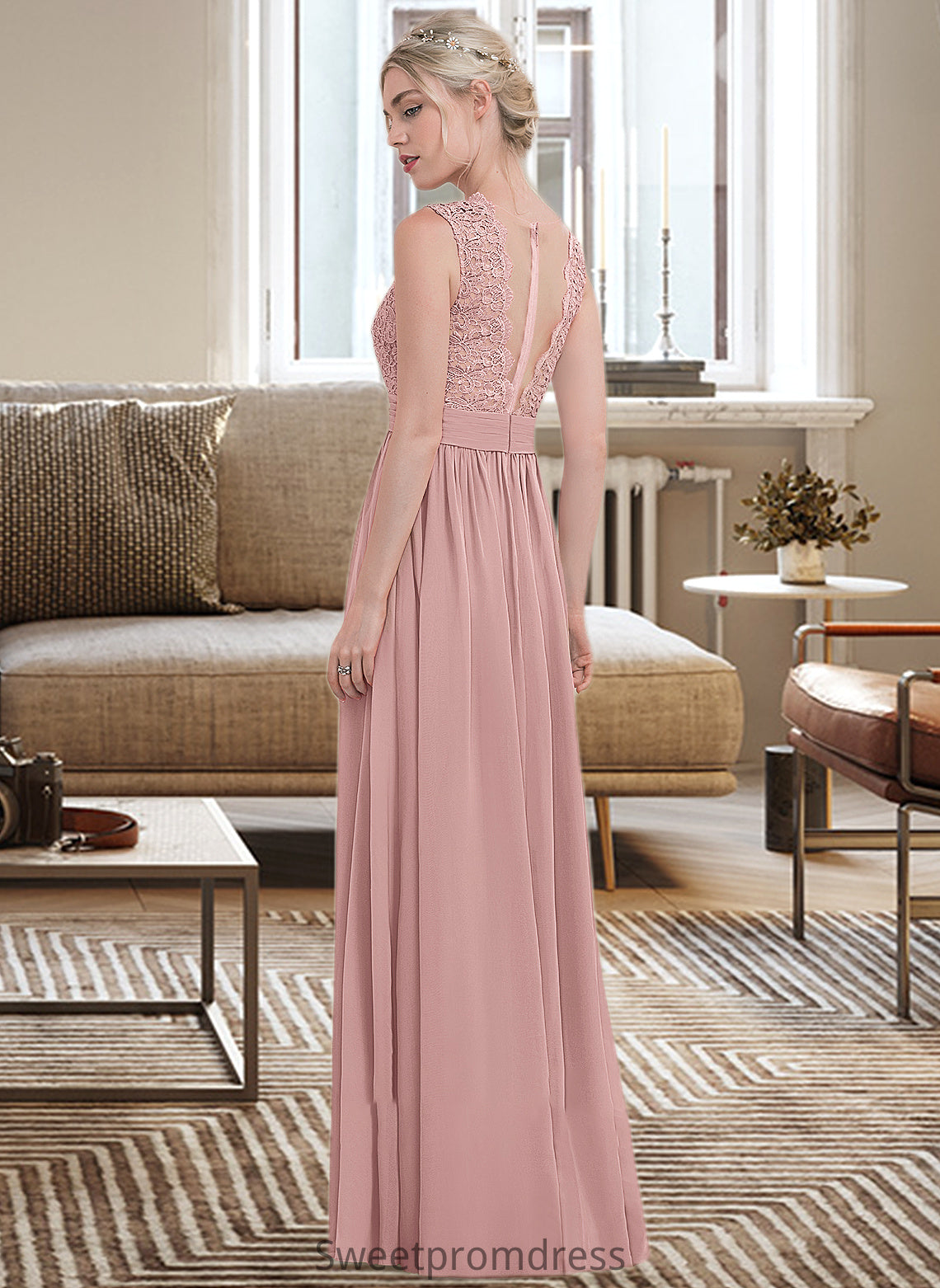 Sydnee A-Line Scoop Neck Floor-Length Chiffon Lace Bridesmaid Dress With Ruffle DHP0013171