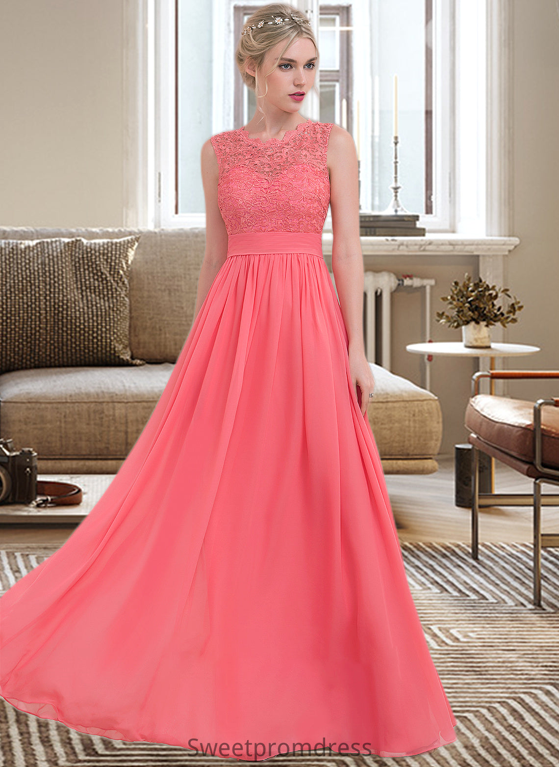 Sydnee A-Line Scoop Neck Floor-Length Chiffon Lace Bridesmaid Dress With Ruffle DHP0013171