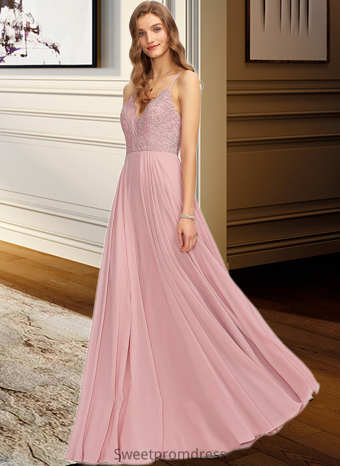 Judy A-Line V-neck Floor-Length Chiffon Bridesmaid Dress DHP0013173