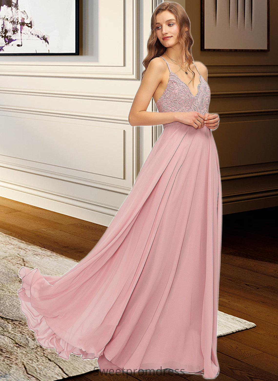 Judy A-Line V-neck Floor-Length Chiffon Bridesmaid Dress DHP0013173