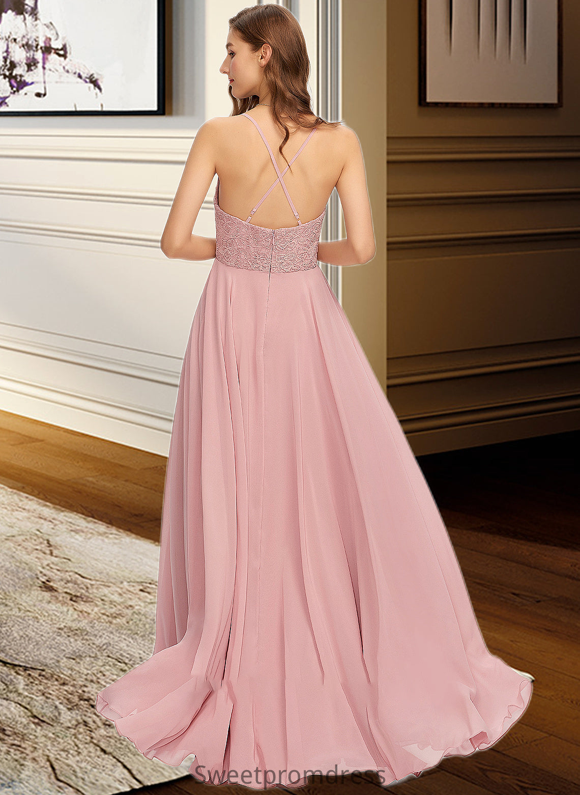 Judy A-Line V-neck Floor-Length Chiffon Bridesmaid Dress DHP0013173