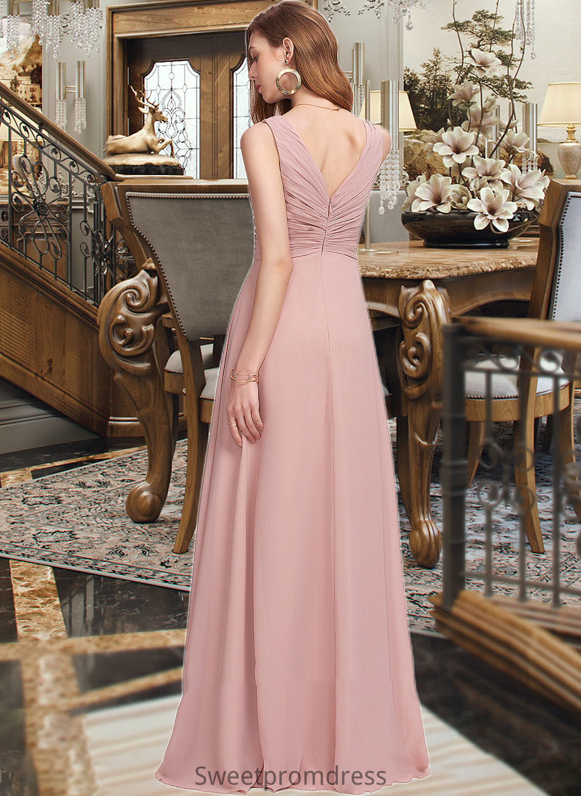 Karlie A-Line V-neck Floor-Length Chiffon Bridesmaid Dress With Ruffle DHP0013174