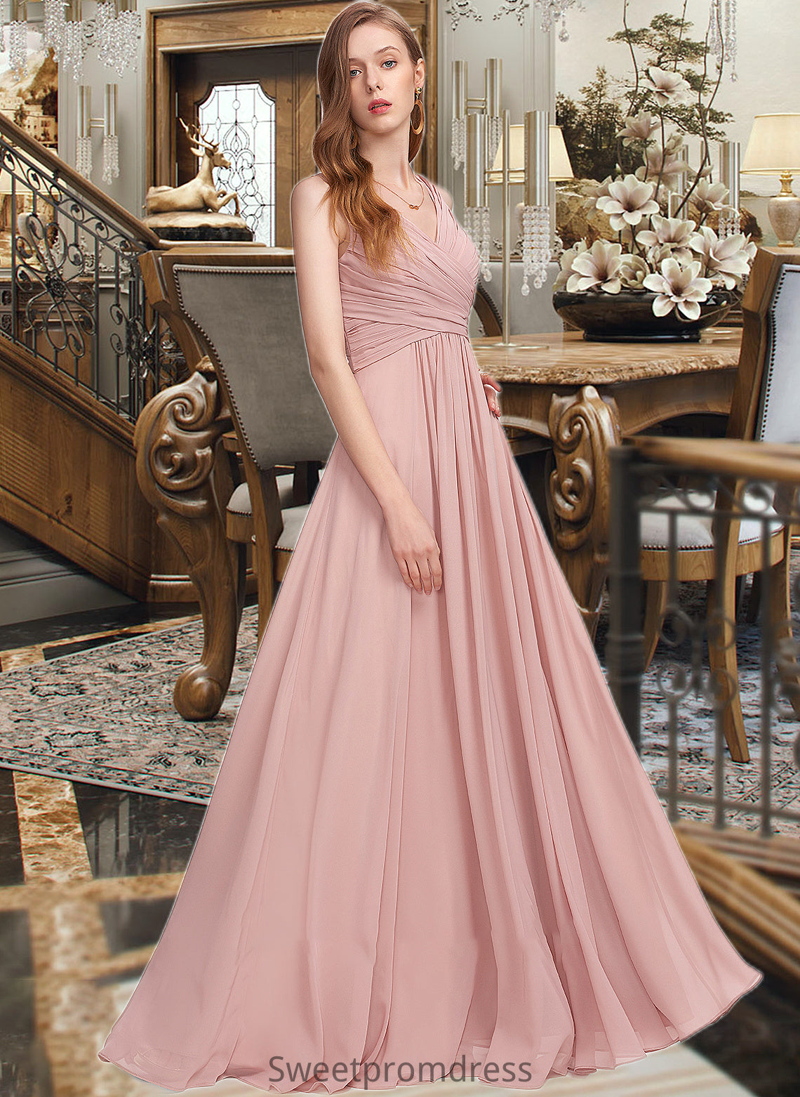 Karlie A-Line V-neck Floor-Length Chiffon Bridesmaid Dress With Ruffle DHP0013174