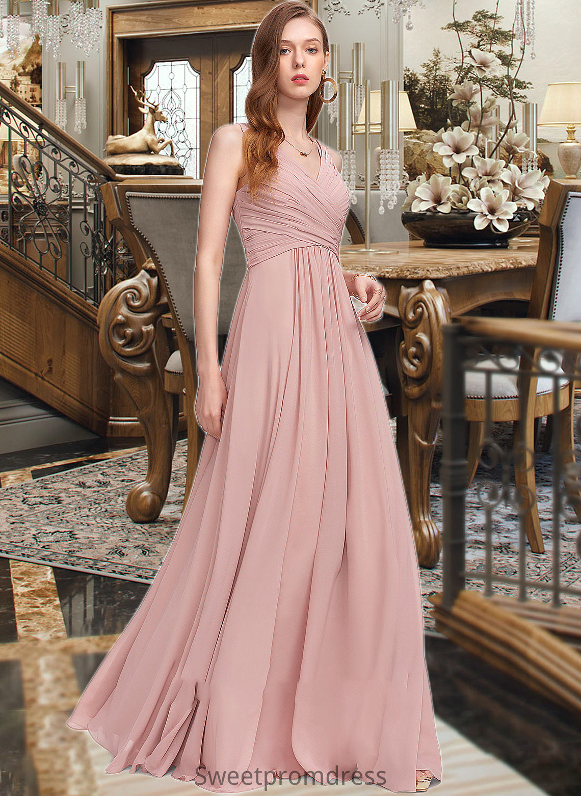 Karlie A-Line V-neck Floor-Length Chiffon Bridesmaid Dress With Ruffle DHP0013174