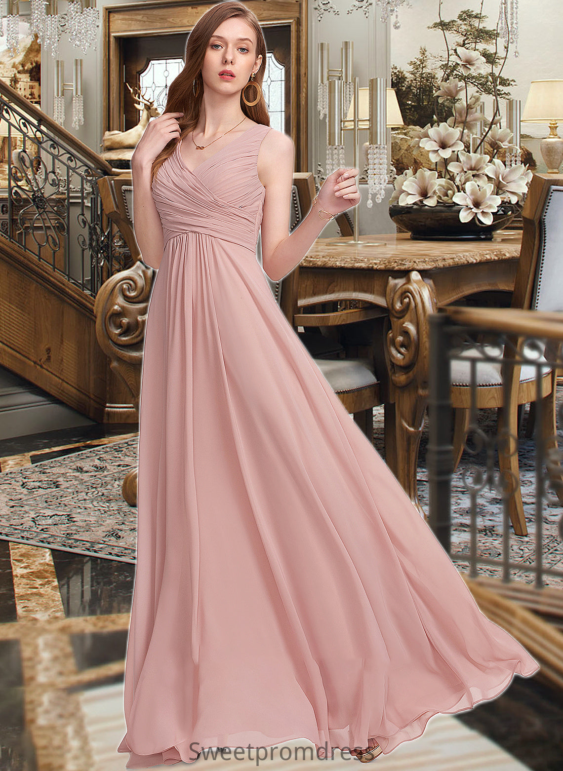 Karlie A-Line V-neck Floor-Length Chiffon Bridesmaid Dress With Ruffle DHP0013174