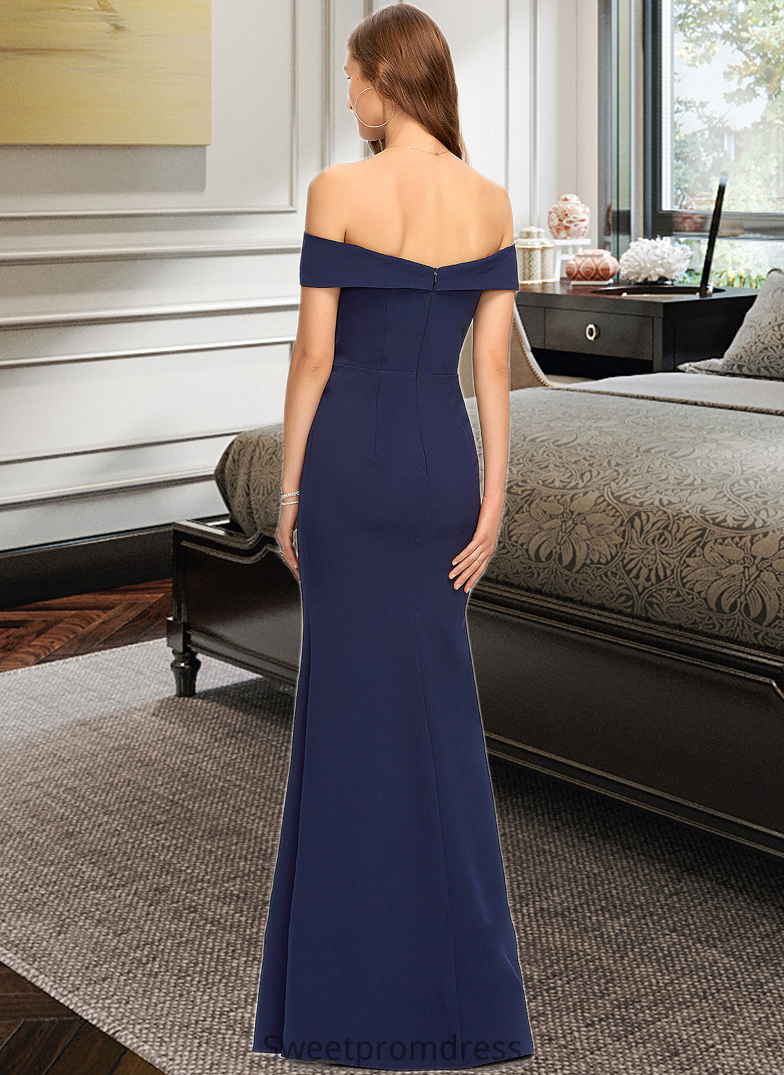 Brooklyn Trumpet/Mermaid Off-the-Shoulder Floor-Length Stretch Crepe Bridesmaid Dress With Split Front DHP0013175